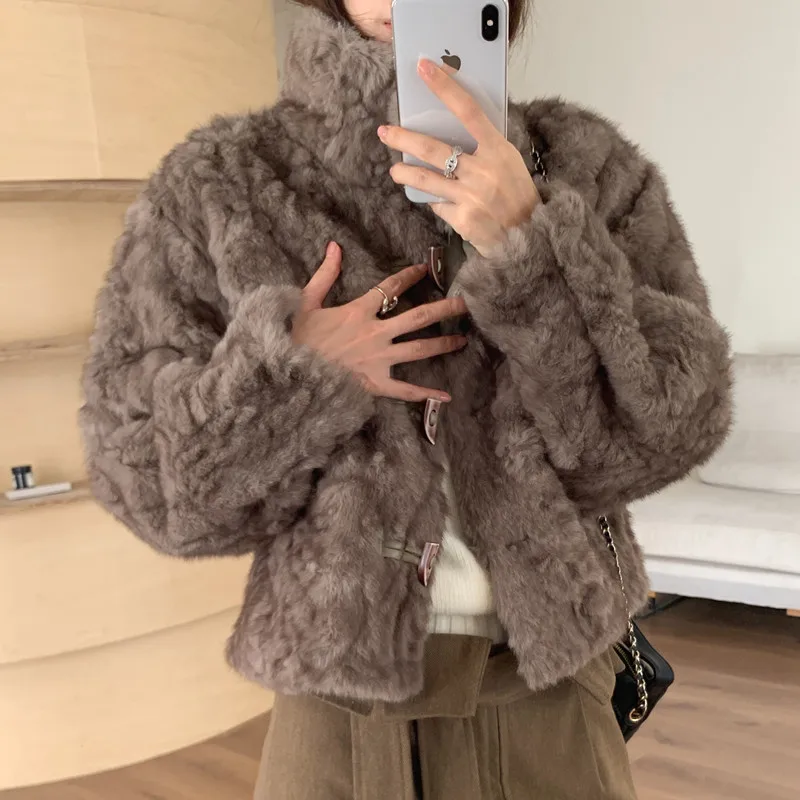 Elegant Short PU Fur Jacket Coat Winter for Women Stand Collar Horn Button Furry Thicken Overcoat Outerwears Female 2025