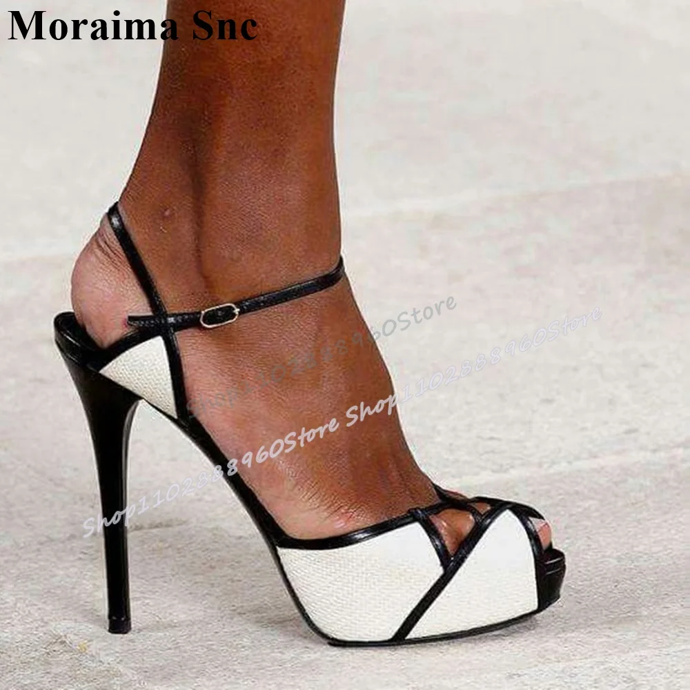 

White Splicing Platform Sandals Stilettos High Heel Shoes For Women Ankle Buckle Strap Peep Toe Runway Casual Women Sandals