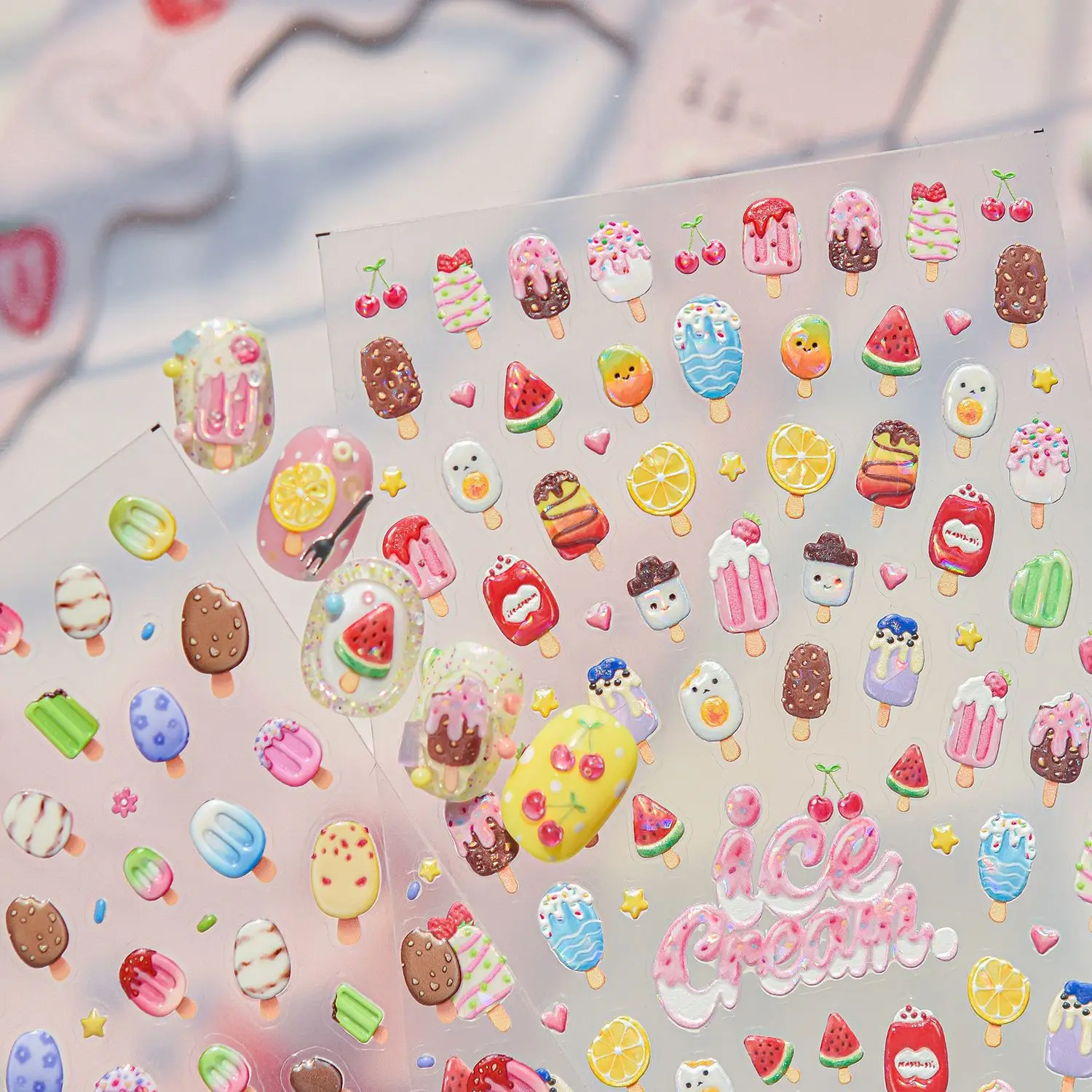 1Pcs Sweet Cartoon Summer Nail Stickers 3D Ice Cream Watermelon Lemon Fruit Self-adhesive Paper Summer DIY Girl Nail Decorations