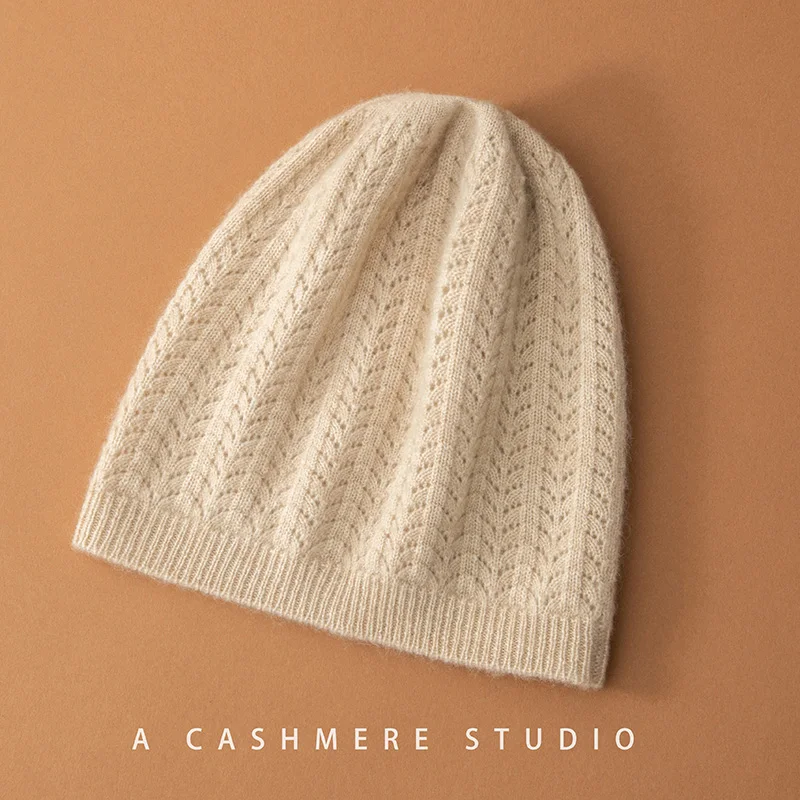 

2024 Winter New 100% Cashmere Knitted Headgears Women Hollow Out Beanie Hat Lady High Quality Casual Hedging Cap Skullies Hats