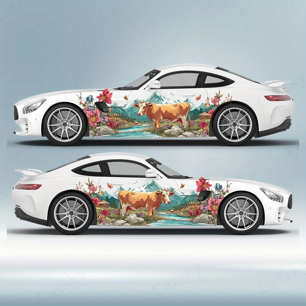 

Village River Peak Flower Cluster Cow Car Vinyl Wraps Decal Anti Scratch Sticker Suitable for Trucks SUV Decor Auto Accessories