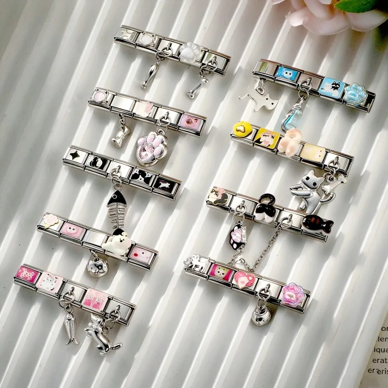 New 3D Cute Cat Claw Fish Dog Bone C‌ombo Italian Charm Links Fit 9mm Stainless Steel Men Women Bracelet DIY Jewelry Making Gift