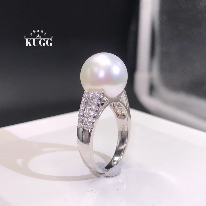 KUGG PEARL 18K White Gold Ring Shiny Diamond Luxury Design 12-13mm Natural Australian South Pearl Ring for Women Party Jewelry