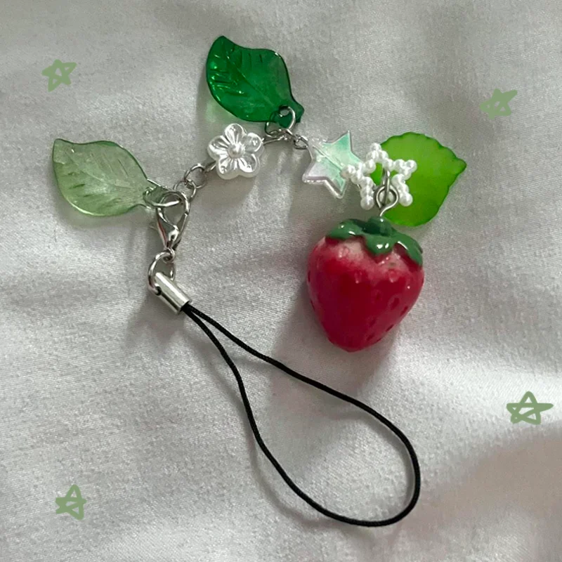 Handmade strawberry phone charm cottage fairy tale keychain