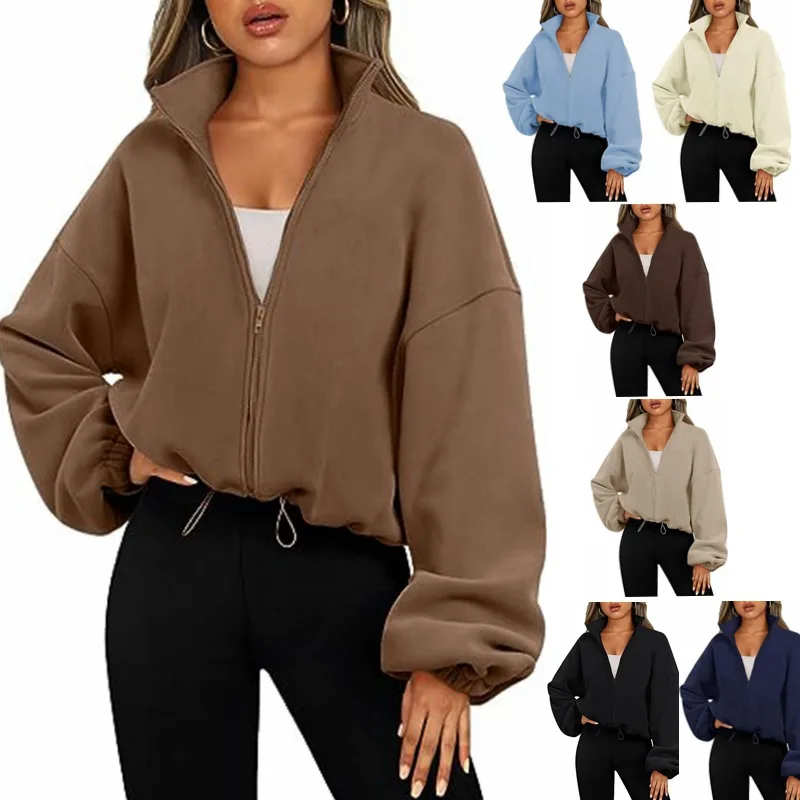 

Women Fashion Jacket Solid Color Stand Collar Fleece Coat Zipper Winter Jacket Loose Fit Casual Style Drop Shoulder Daily Outfit