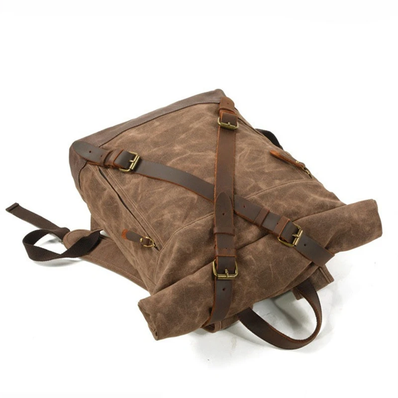 Nesitu Highend Grey Coffee Black Vintage Genuine Leather Waxed Canvas 14 15.6 inch Laptop Women Men Backpack Travel Bag M9505