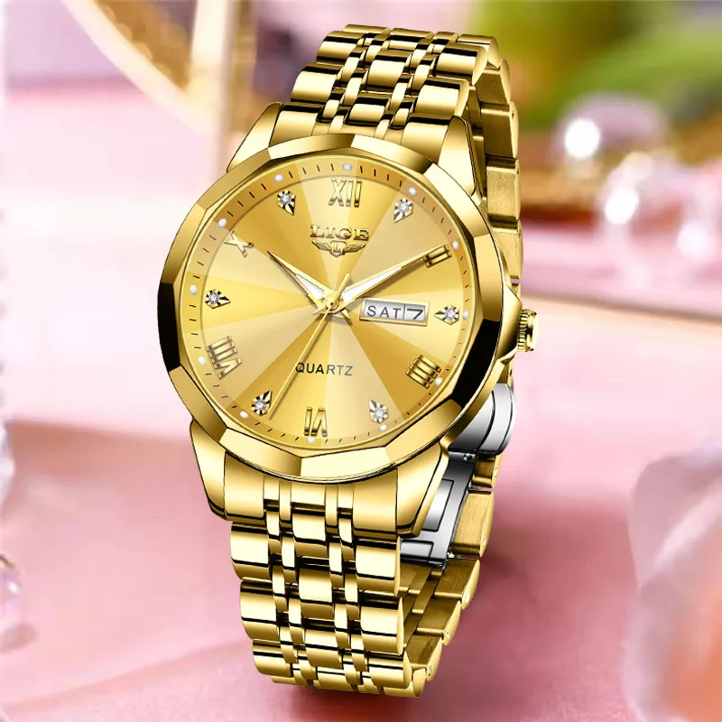 LIGE Fashion Women Watch Top Brand Luxury Creative Gold Steel Quartz Watches For Women Waterproof Sport Women's Bracelet Watch