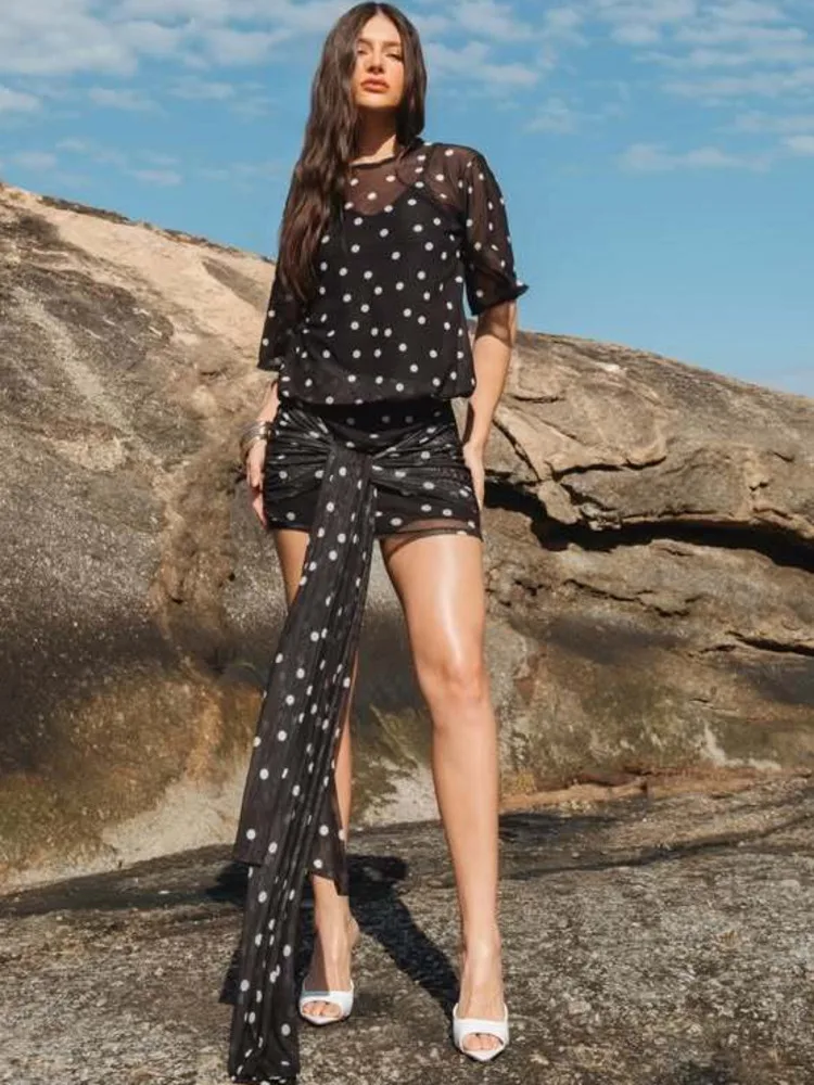 Arctic Cat Elegant ครึ่งแขน Polka Dot Tie ชุดมินิสําหรับผู้หญิงเซ็กซี่กระชับ Elegant Party Club ชุดราตรี Holiday Beach