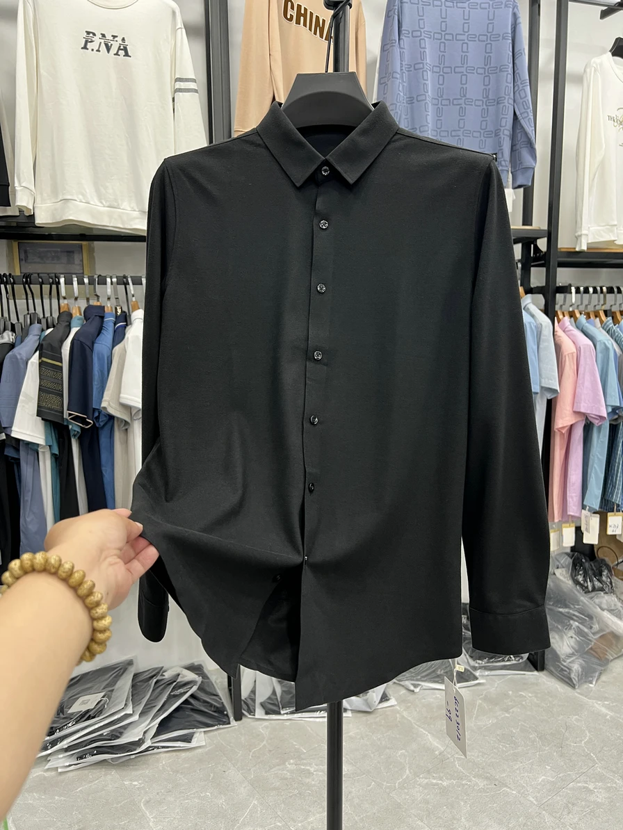 

Casual Long Sleeve Flocking Shirt Brick Cabinet under Shelf Grinding Smooth Business Simple Black Slim Fit Slightly Elastic S...