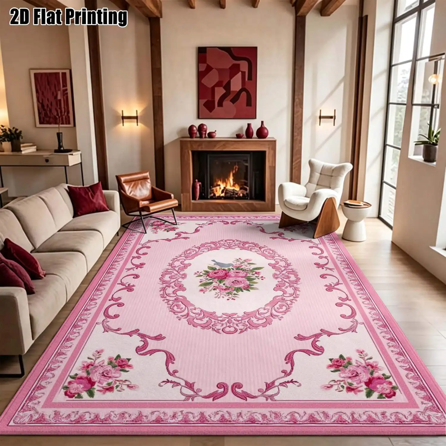 1Pc 2D Printed Carpet: Pink Flowers & Blue Birds, European Vintage Floral Geometric Striped Decor, Machine Washable, Multi-Size, Multi-Scene Home Decoration Mat
