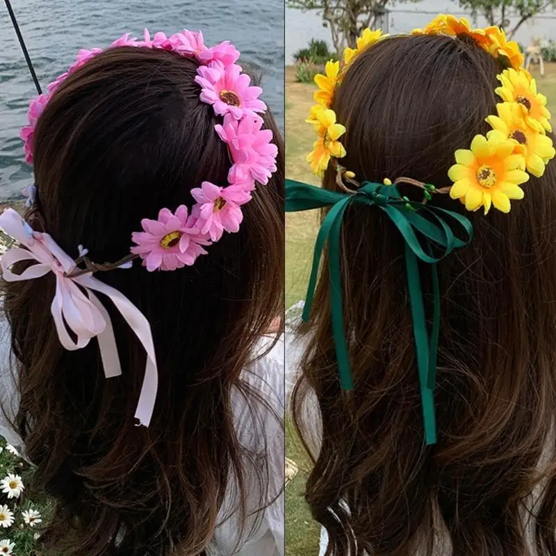 39BD Realistische Sonnenblumen Girlande Stirnband Böhmischen Krone Kopfschmuck Tiaras Haarband Frauen Hochzeit Party – Detail 7