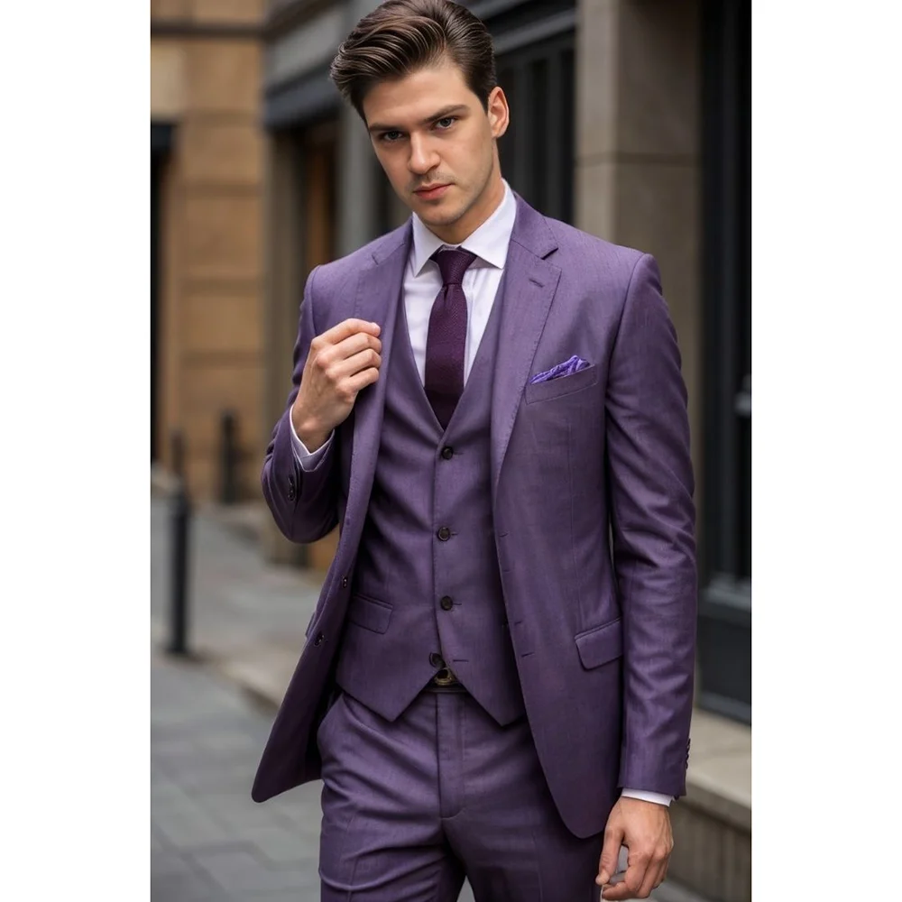 Slim Purple Single Breasted Men Suit Three-pieces(Blazer+Pants+Vest) Casual Party Prom Wedding Set