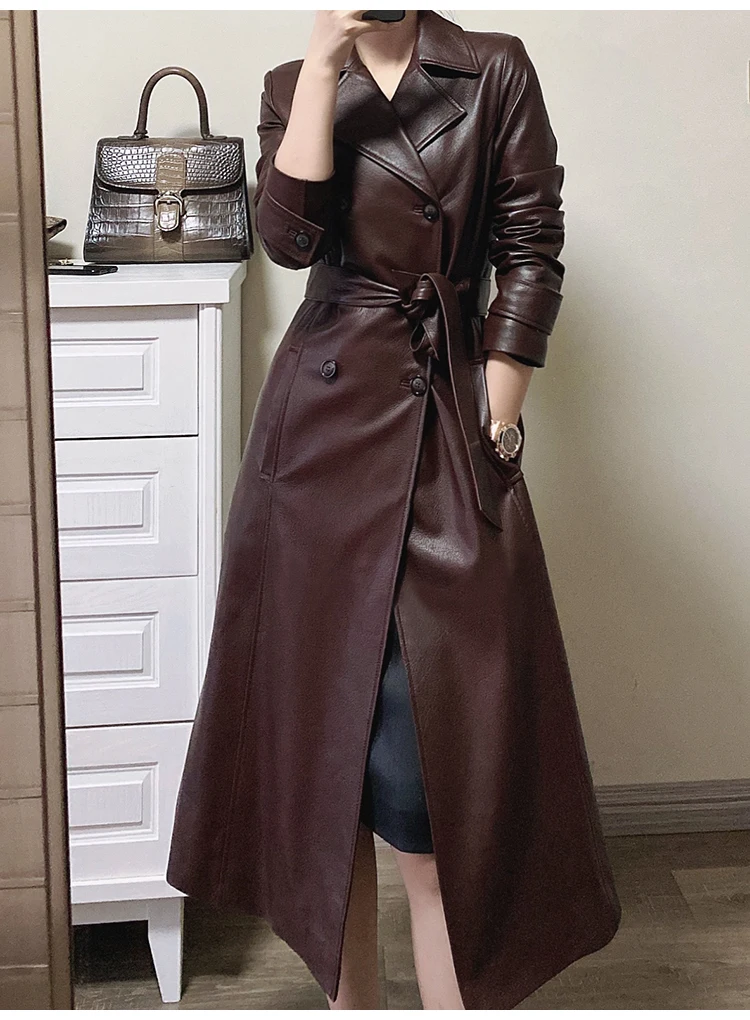 

Spring Autumn Long Wine Red Soft Faux Leather Trench Coat for Women Belt Double Breasted Luxury Elegant Fashion 2024