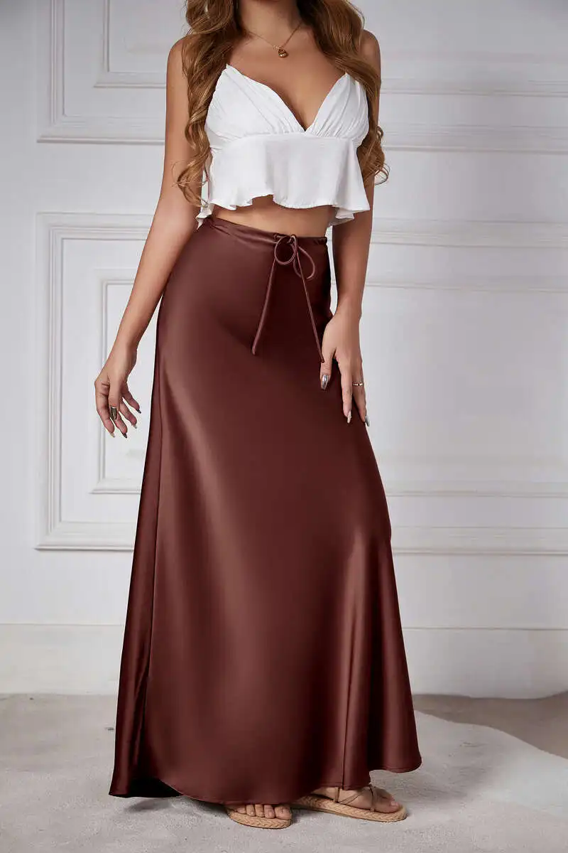 New In 2026 Spring Summer Solid Color Satin Long Skirt For Women High Waist Lace-Up Fashion Elegant Faldas