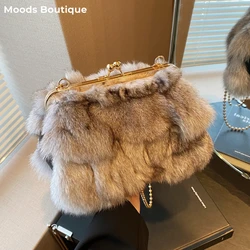 MOODS Soft Plush Evening Bags For Elegant Women Fox Fur Dinner Party Clutch Chain Crossbody Winter Warm Luxury Designer Handbags