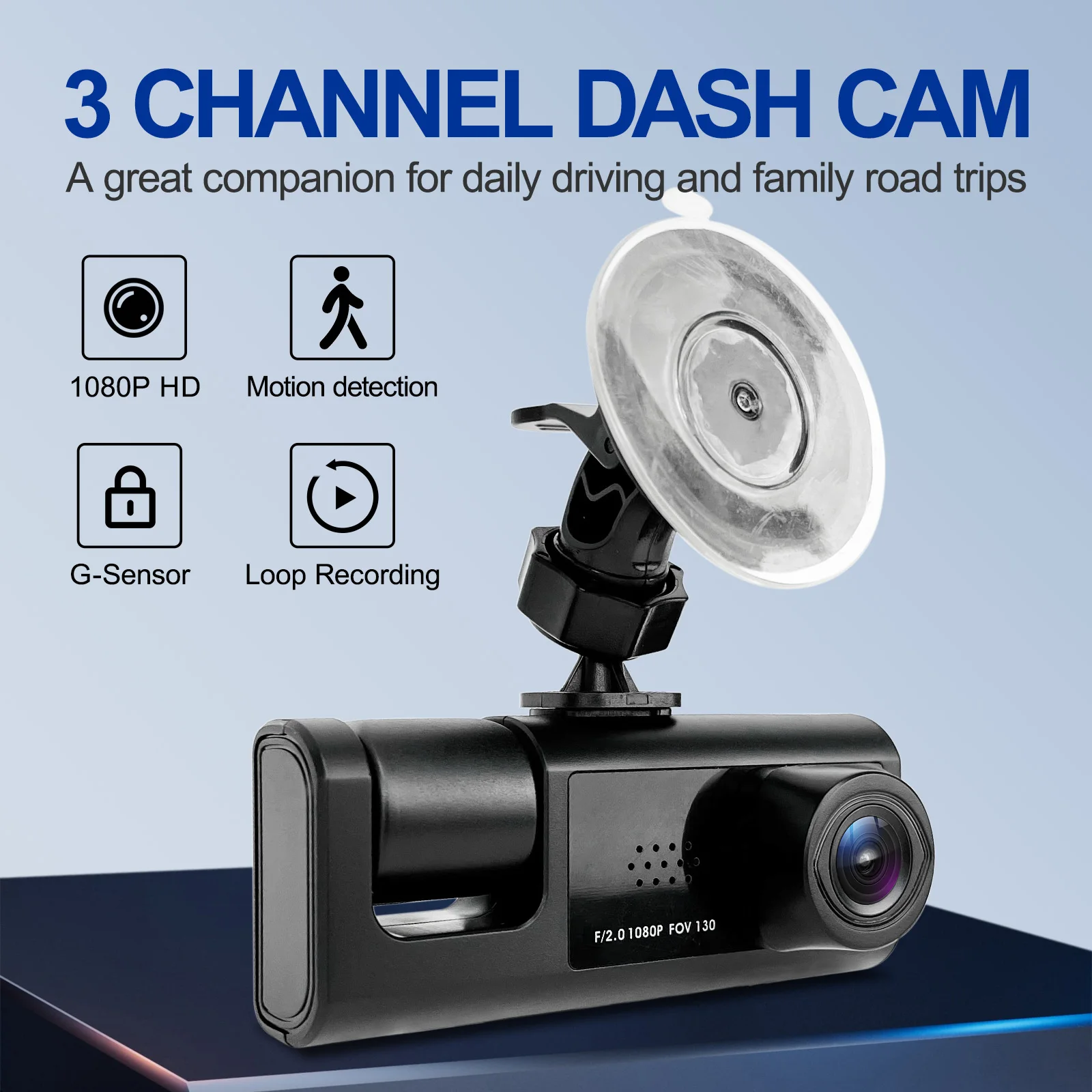 HD 1080P 3-Channel Dash Camera for Cars - Front inside Rear View Video Recorder with Night Vision Loop Recording Black Box