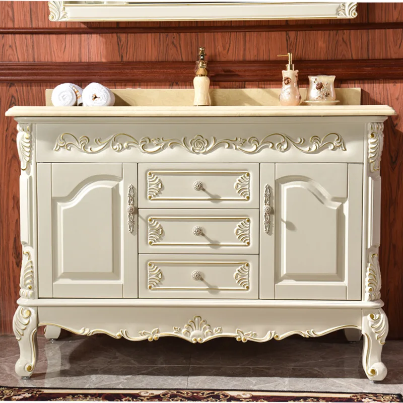 

European-Style Bathroom Cabinet Light Luxury Solid Oak Wood Floor-to-Ceiling Washbasin Marble Table Pot Bath Combination