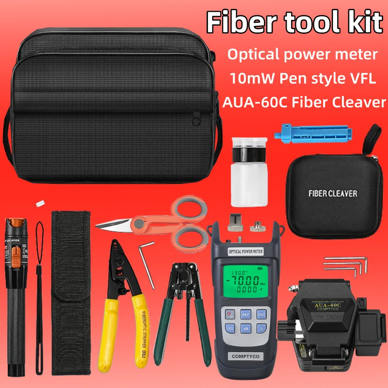 FTTH Fiber Optic Tool Kit With AUA60C Fiber Cleaver 10mw Visual Fault Locator Fiber Stripper Aramid Scissors Optical Power Meter