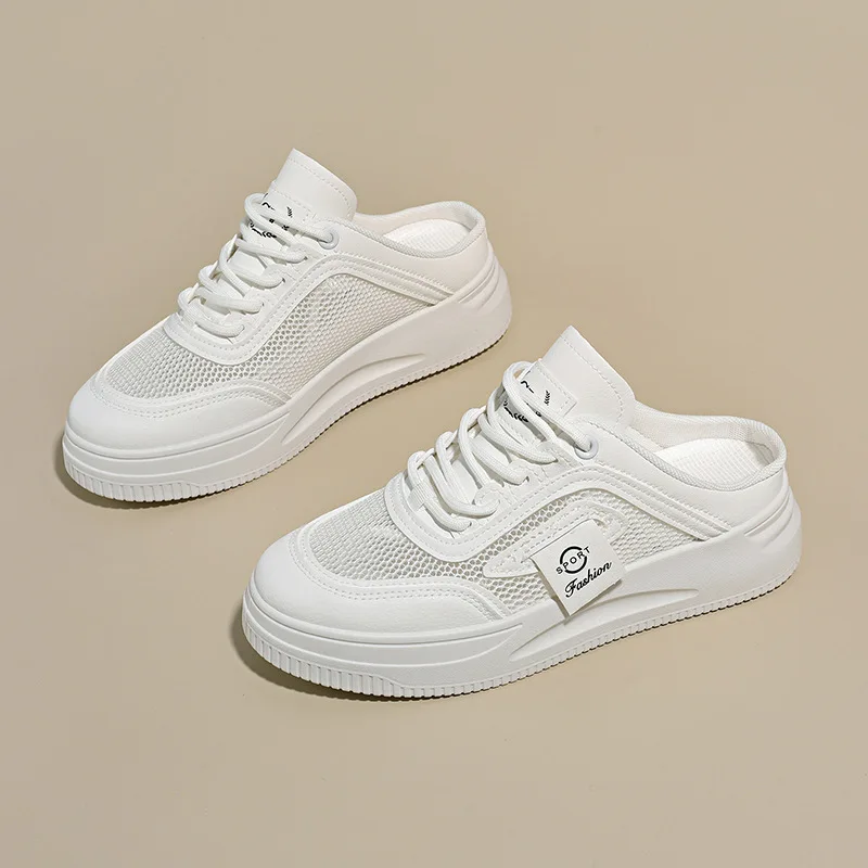 Women's Breathable Mesh Half Slippers White Thick Sole Backless Sneakers Female Summer New Non-slip Casual Platform Shoes Woman