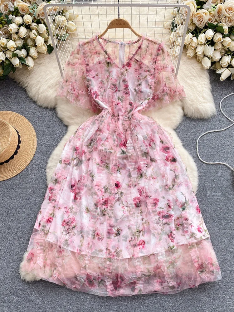 New In Dresses 2024 Summer Short Sleeve V Neck Frill Trim Sweet Mesh Dress Women Floral Print Party Elegant Tulle Midi Dress