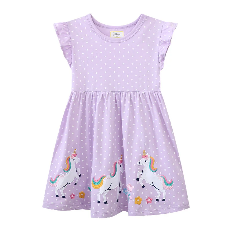 

Jumping Meters 2-7T Animals Embroidery Girls Dresses Clothes Summer Short Sleeve Unicorn Polka Dots Baby Clothes Birthday Frocks