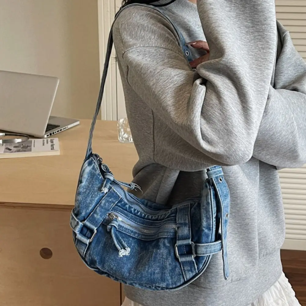 

Temperament American Style Canvas Dumpling Bag Adjustable Strap Retro Denim Crossbody Bag Zipper Harajuku Underarm Bag Lady