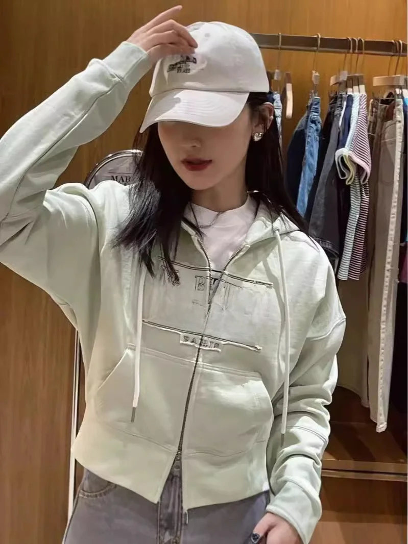 Felpa con ricamo pesante Slim Fit Cerniera Jaet Lettera Patch Lavoro Jennie Car Jingyuan Street Sle Cotton Long Sve