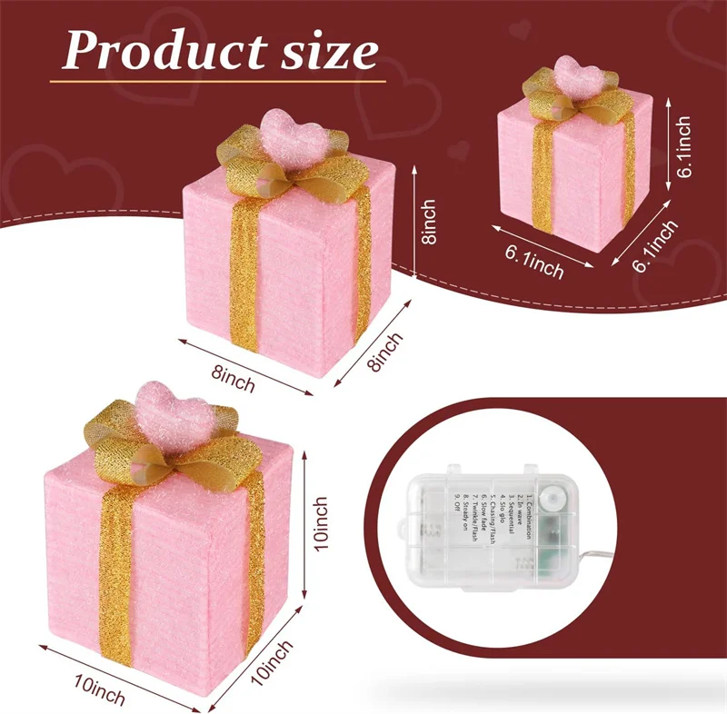3Pcs/Set PVC Christmas Gift Box Set Luminous Folding Christmas Lighting Box with Bow Ribbon Christmas Glowing Decoration Outdoor