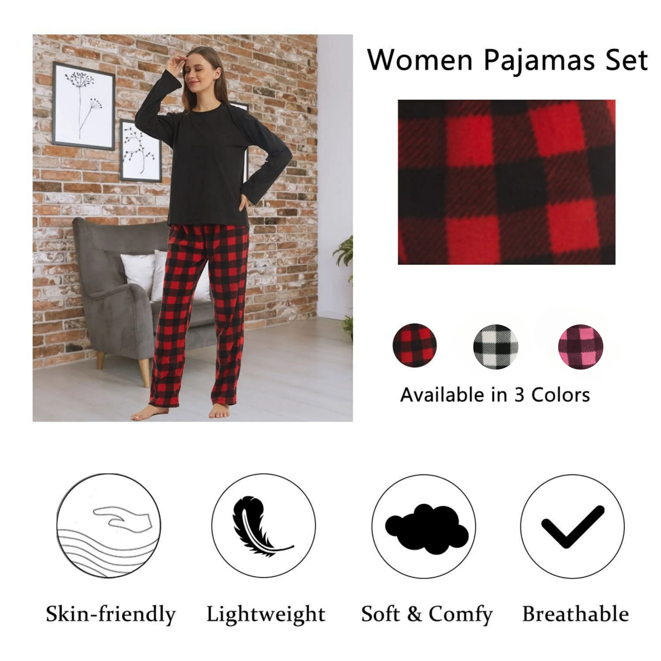 Buffalo Plaid Pajama Set for Women Long Sleeve Soft Warm Fleece Shirt and Pants Sleepwear Set