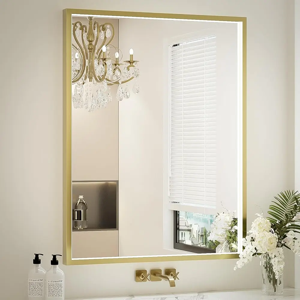 

24X32 H светодиодное зеркало для ванной комнаты с подсветкой, настенные зеркала с подсветкой и нержавеющим золотым металлическим каркасом, функция противотуманной памяти