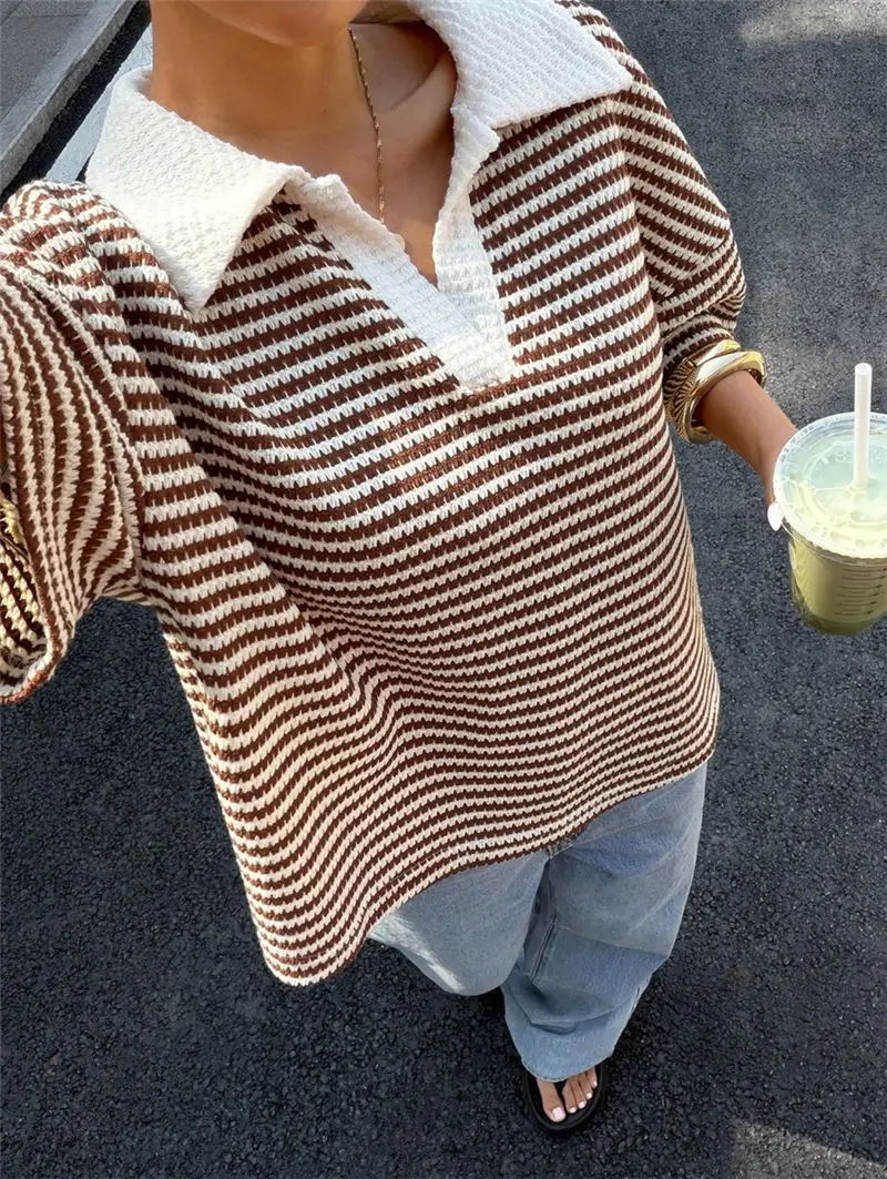 Women Striped Polo Knit Top Fashion Half Placket Short Sleeve Loose Textured Knitted Pullover Casual Basic Loose Versatile Top