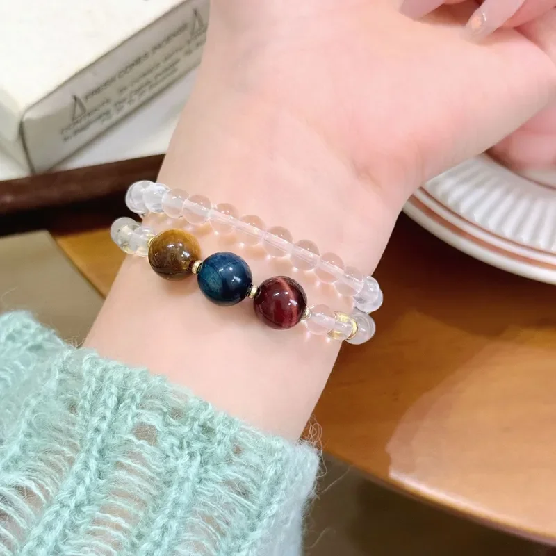 Natural white crystal beaded double-layer bracelet, tiger's eye stone, rainbow Duobao, high-end light luxury niche