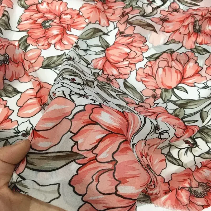 Micro-transparent Floral Pearl Chiffon Fabric By The Meter for Clothes Dress Shirt Diy Sewing Flower Printed Cloth Soft Black