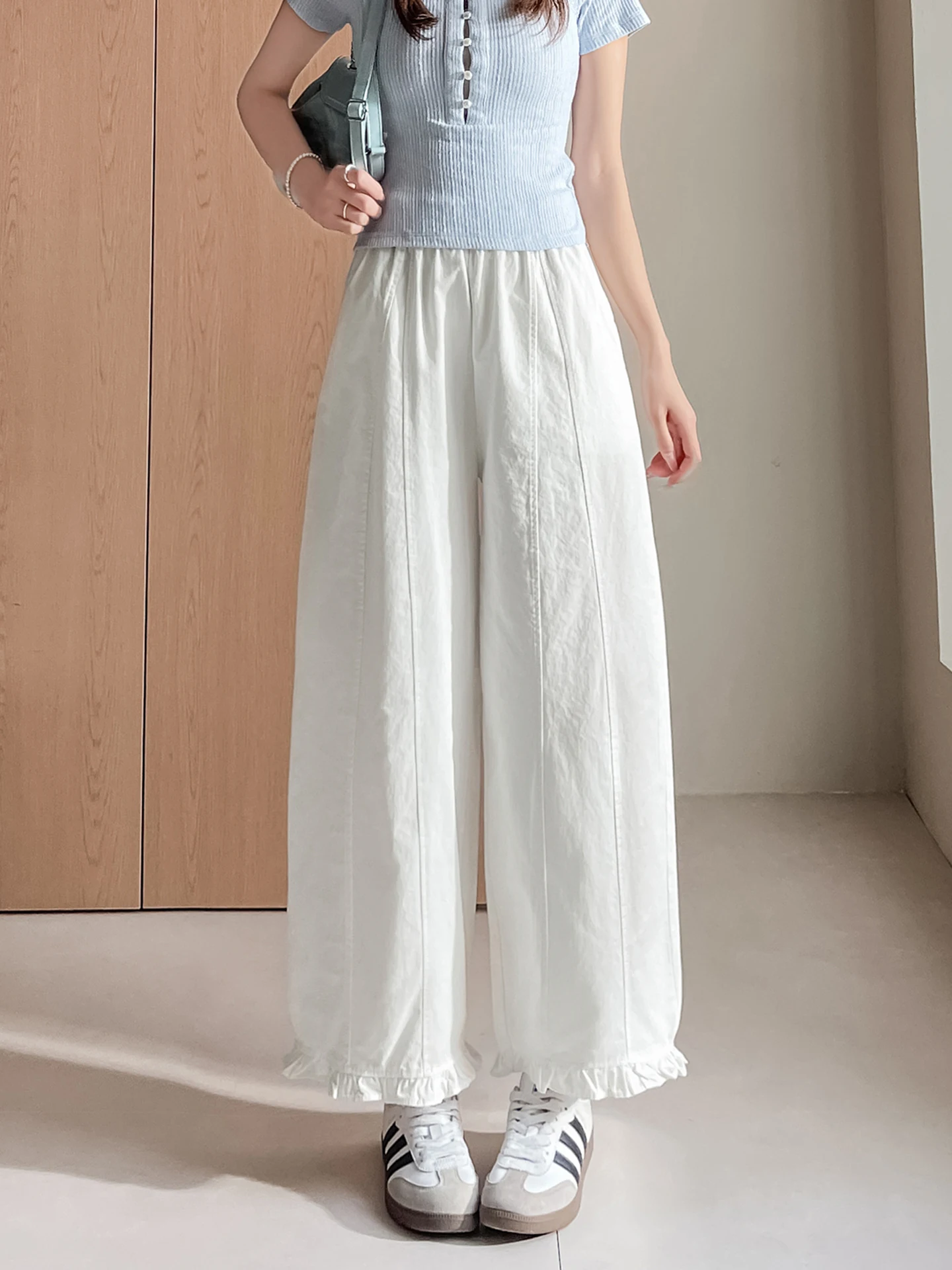 

Summer New Women's Wide Leg Pants Loose Fit High Waist Cotton Blend Thin Nine Points Flower Bud Pants Korean Style Commute
