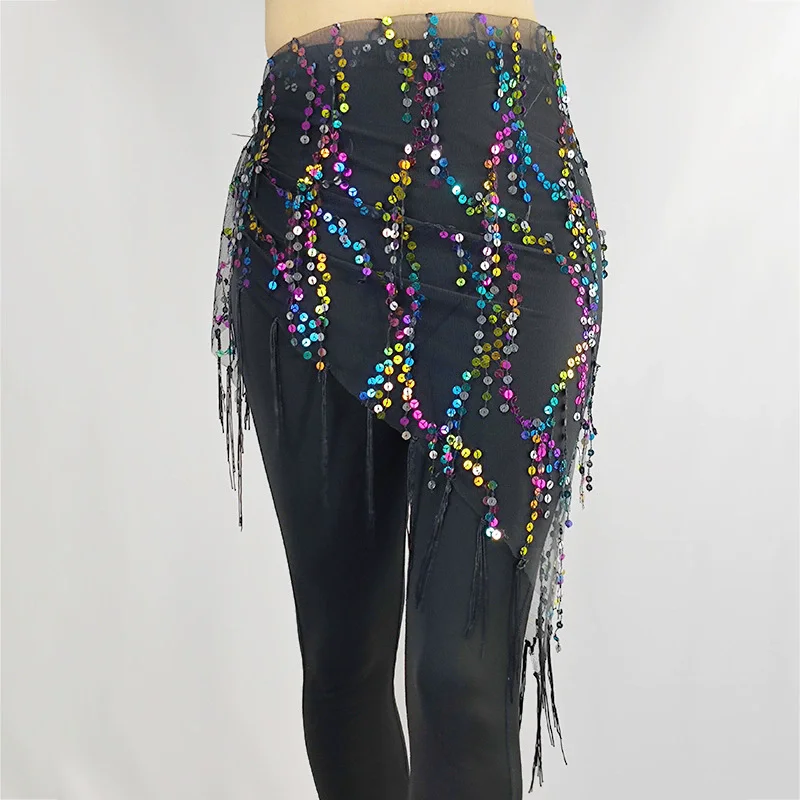 Bauchtanz-Hüfttuch mit Goldpailletten und Quasten, Dreieckiger Rock, Wickelgürtel für Festival, Rave-Party, Nachtclub-Auftritte, Kostüm für Frauen – Detail 9