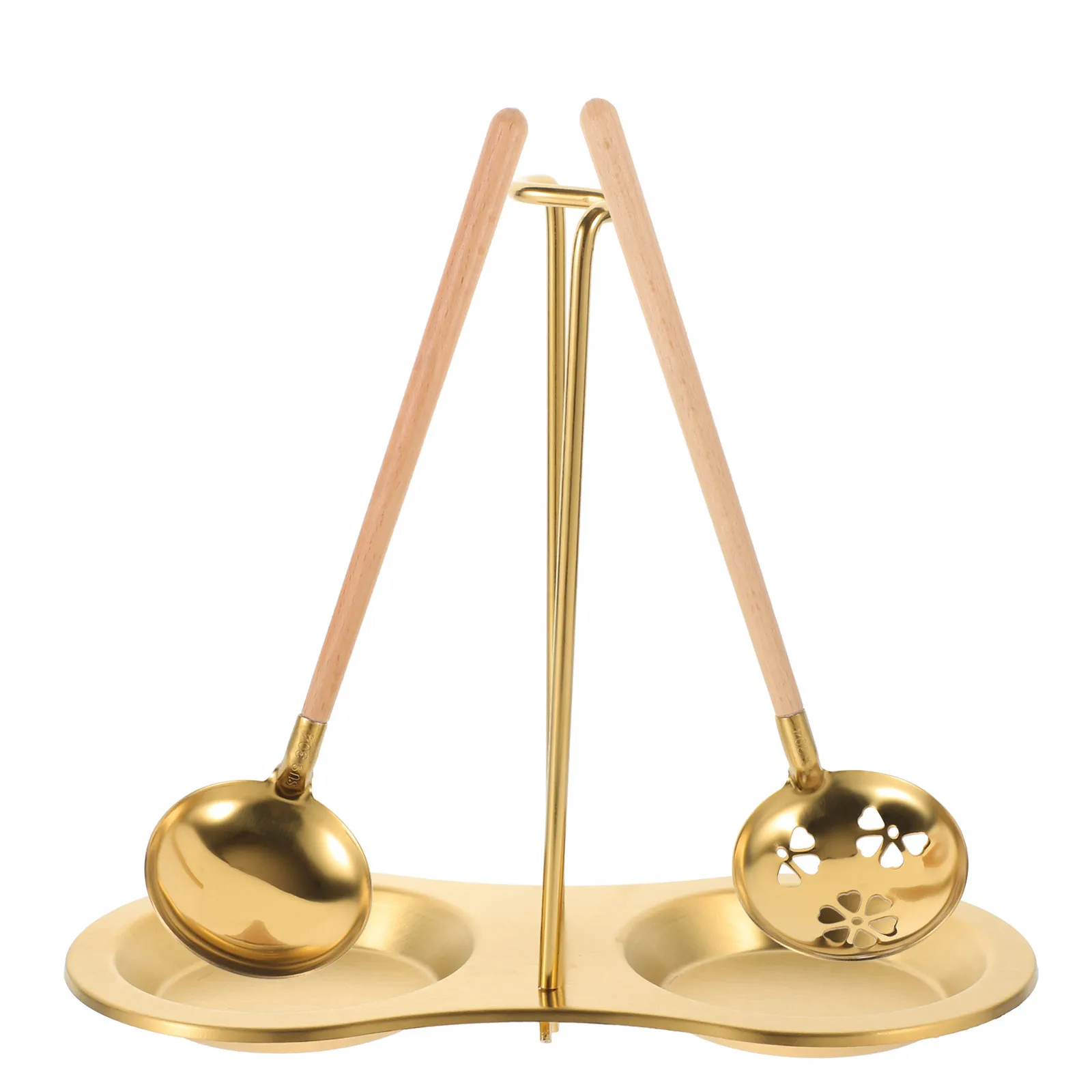 

1Set Stainless Steel Soup Spoons Wooden Handle Slotted Ladle Cooking Spoon Holder Colander Set Kitchen Essentials Serving Spoon