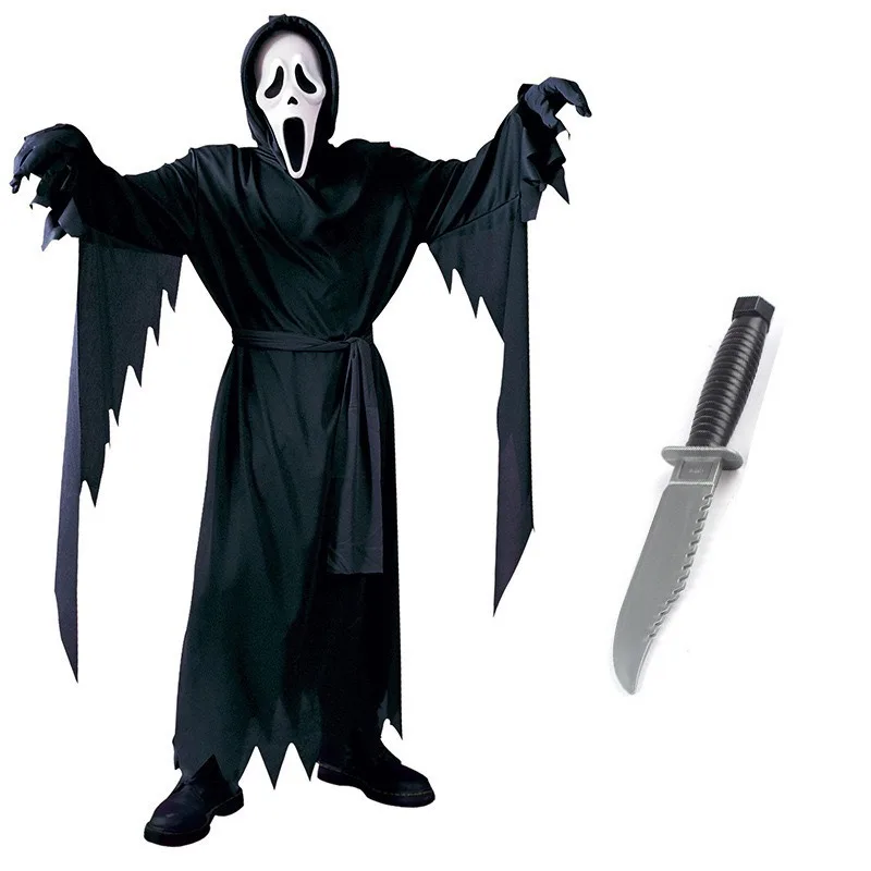 Kids Halloween Cosplay Black Hooded Robe Costume, Children Stage Outfit With Scary Mask, Gloves  Scythe Props for Party Dress Up