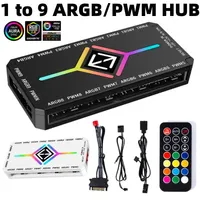 ARGB PWM Fan Hub Adapter With ARGB Controller 1To9 Port 5V 3 Pin PC Cooling Fan Hub Splitter SATA Power Supply PWM Magnetic Hub