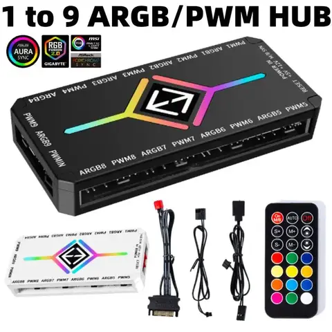 ARGB PWM Fan Hub Adapter With ARGB Controller 1To9 Port 5V 3 Pin PC Cooling Fan Hub Splitter SATA Power Supply PWM Magnetic Hub