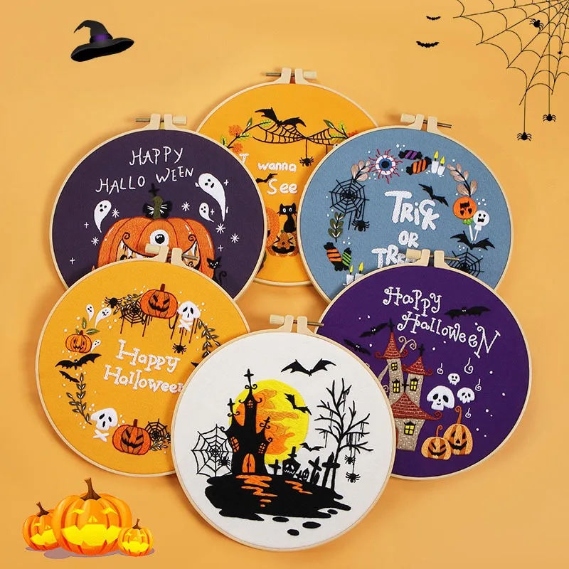 Halloween Embroidery Kit for Beginners DIY Needlepoint Set with Bamboo Hoop Pumpkin Ghost Pattern Handcraft Home Wall Decor Art