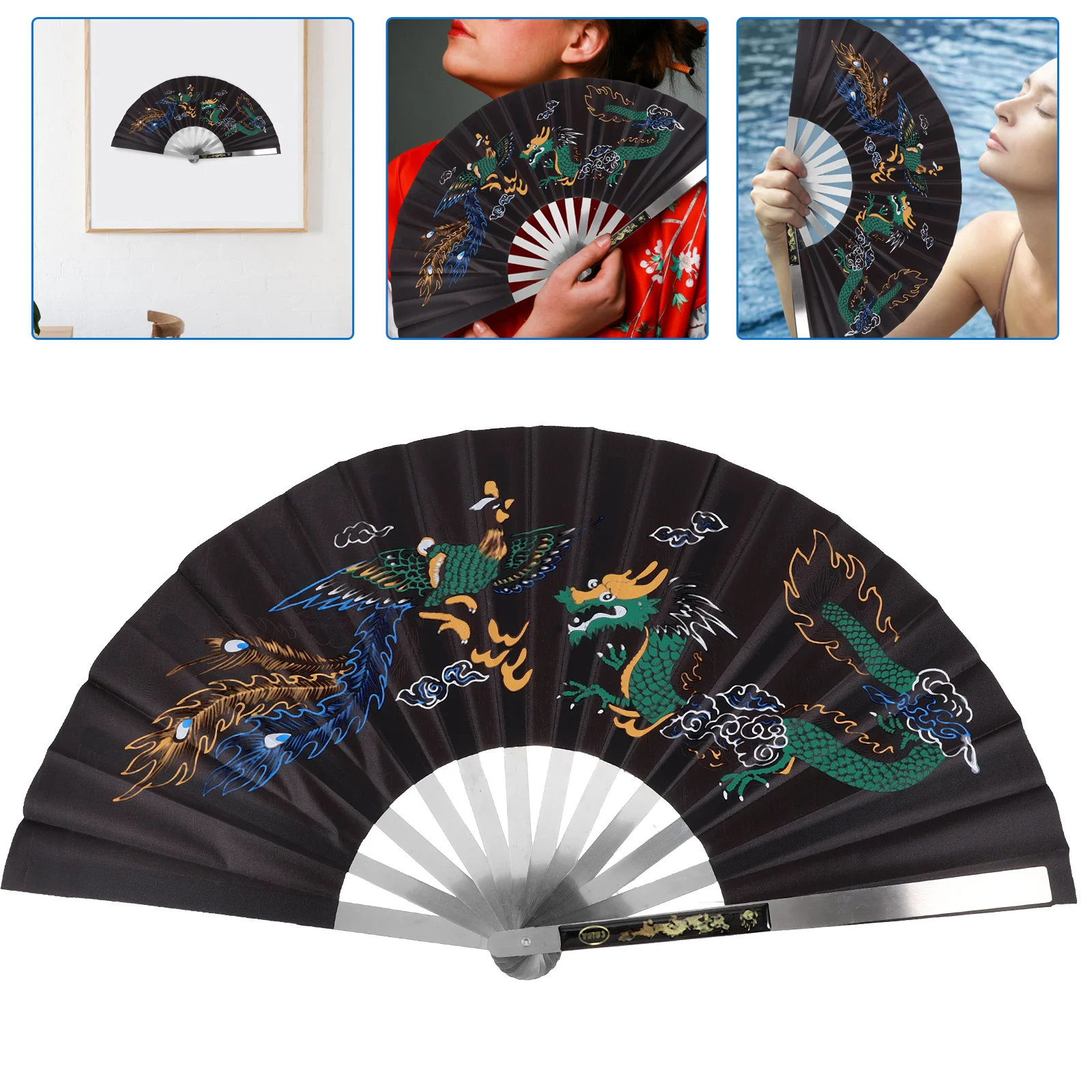 

Dragon and Phoenix Peony Fan Hand Foldable Held for Decor Dance Party Prop Retro Style Stainless Steel