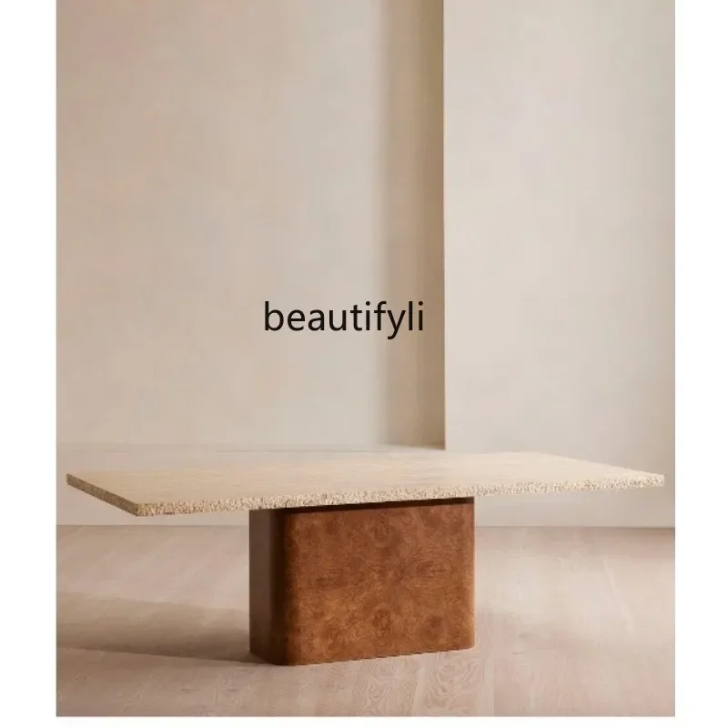 B132 Travertine medieval dining table household rectangular light luxury modern French natural marble