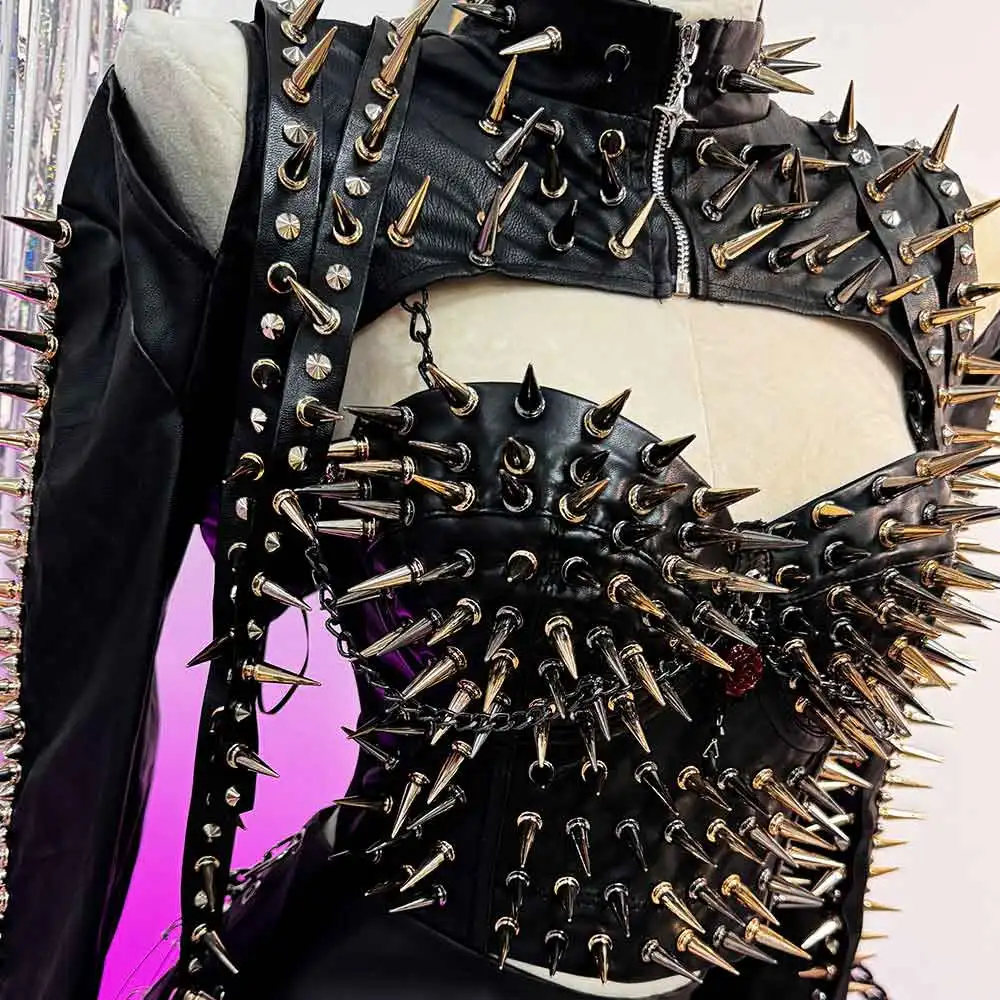 

Chian Grunge Long Sleeves PU Leather Studded Emo Glitch Core Y2K TOPS Fashion Revival Goth Punk Rock Harajuku E-Girls Gothic