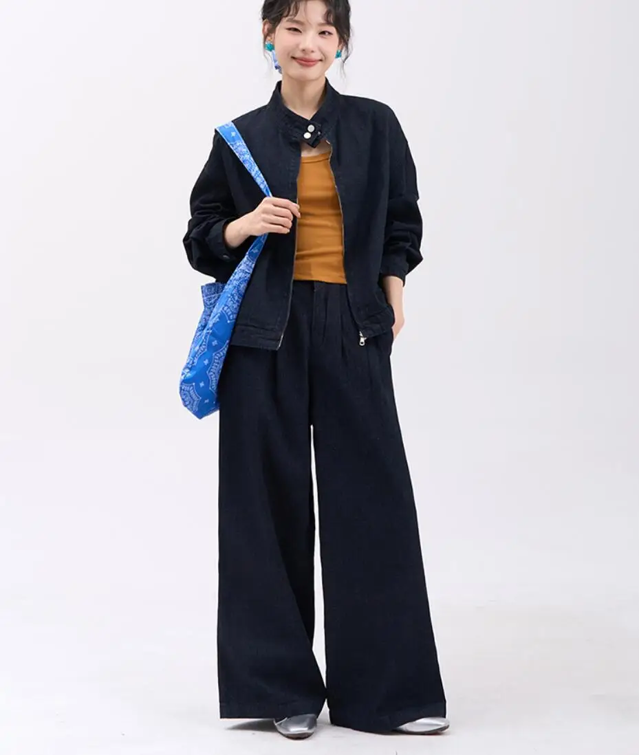 

SuperAen джинсовый жилет, черное платье, женское осеннее новое корейское модное платье с длинными рукавами и талией, элитное платье, комплект из двух предметов