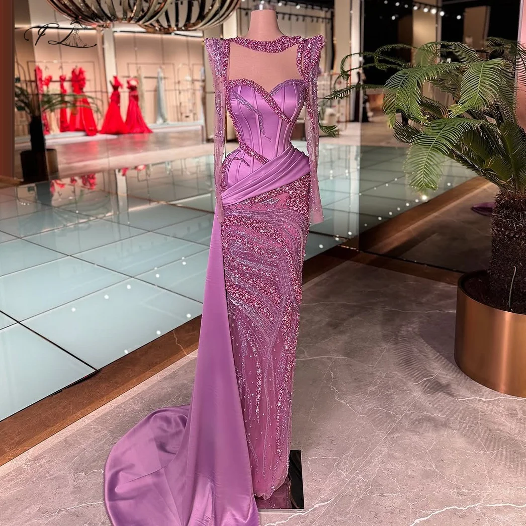 비즈 장식 머메이드 드레스, 보라색 라운드넥 레이스 긴팔 이브닝 드레스, 트레인 칵테일 드레스, 맞춤 제작 가능한 정장 드레스