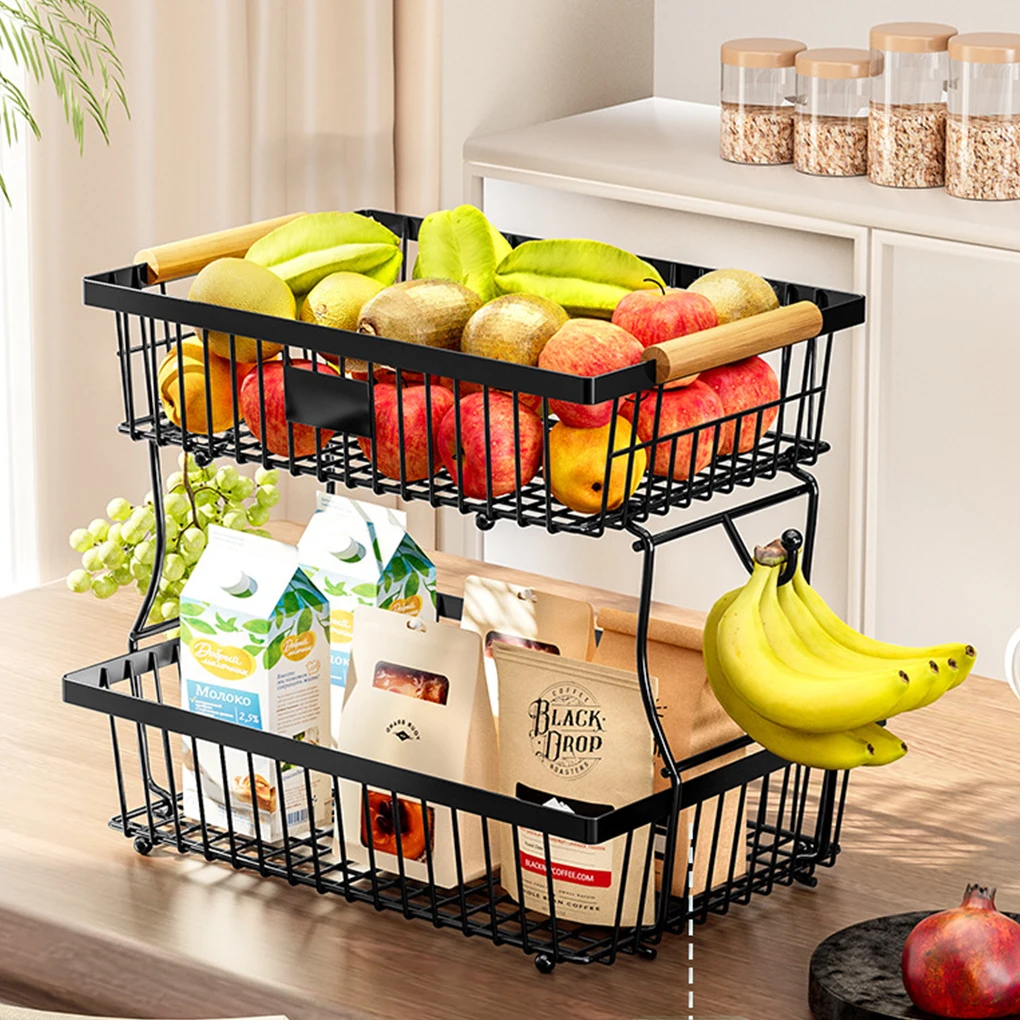 2 Tier Fruit Storage Basket Countertop for Kitchen Vegetable Fruit Basket Stand Detachable Metal Wire Basket with Wooden Handle