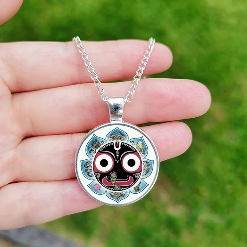 Vintage Hindu God lord Jagannath Necklace for Men Women Mandala Face Picture Charm Glass Time Gem Pendant Jewelry Gift