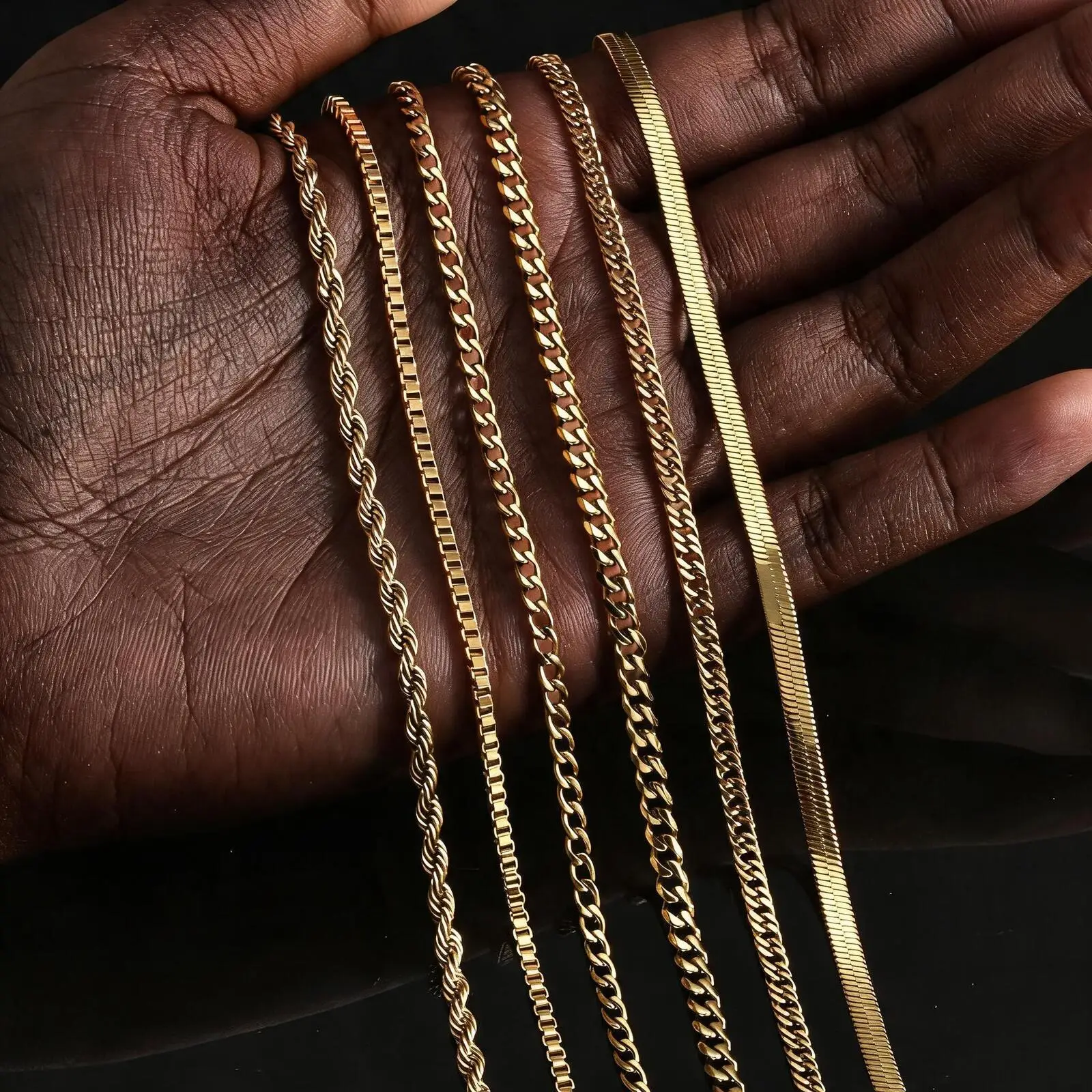 Hip-Hop Goldfarbene Kettenkette für Männer und Frauen, Edelstahl Seil-, Kubanische-, Schlangen- und Box-Ketten, Einfacher Metallketten-Schmuck – Detail 1