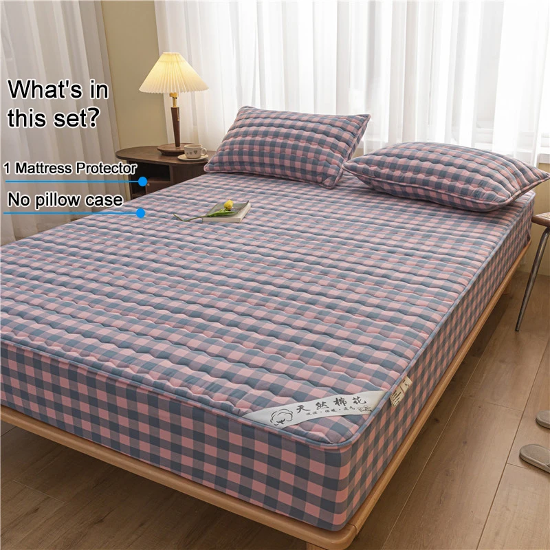 Vintage Plaid Mattress Protector Cotton Top Layer Quilted Fitted Bed Cover Antibacterial Anti-Mite Mattress Cover Bedroom Decor