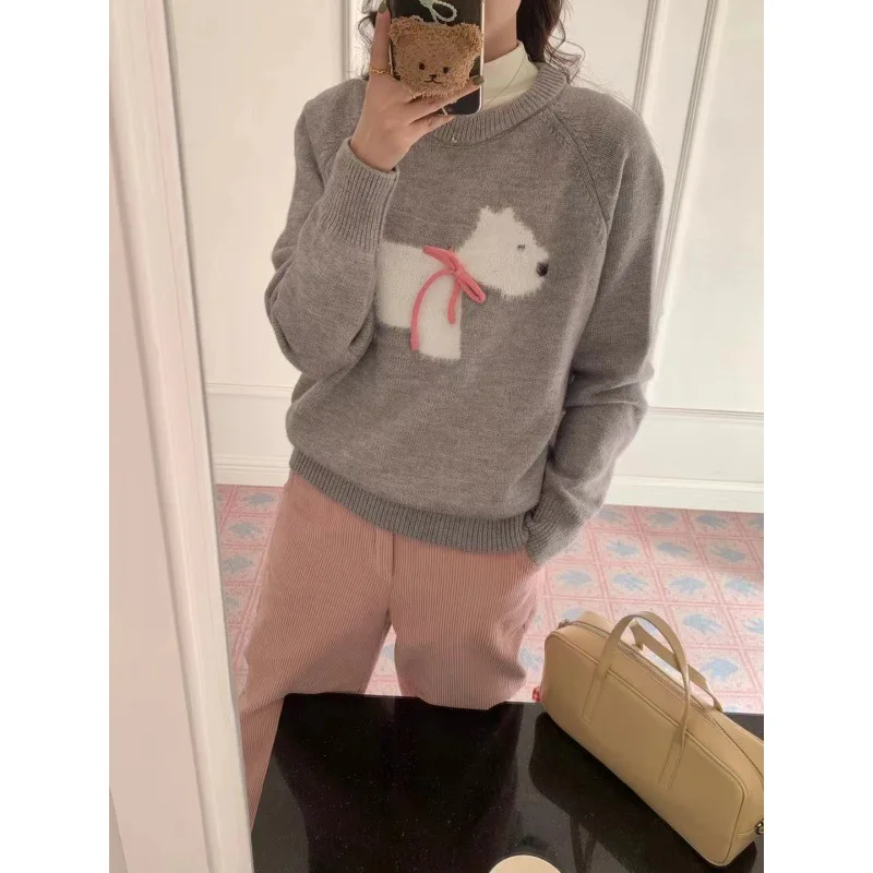 Women\'s Cute Sweater Cartoon Print Patch Bows Long Sleeve O-enck Pullover Knitting Tops Autumn Winter Female Warm Soft Knitwear